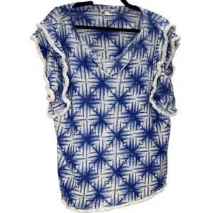 Chicos 4 XXL blue white print ruffle sleeve knit top